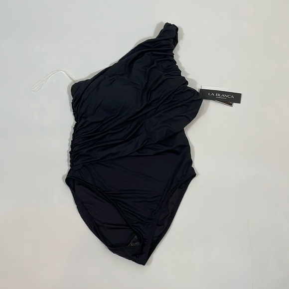 La Blanca One Piece Swimsuit Size 12 NWT Black One Shoulder Tummy Control - Picture 4 of 14